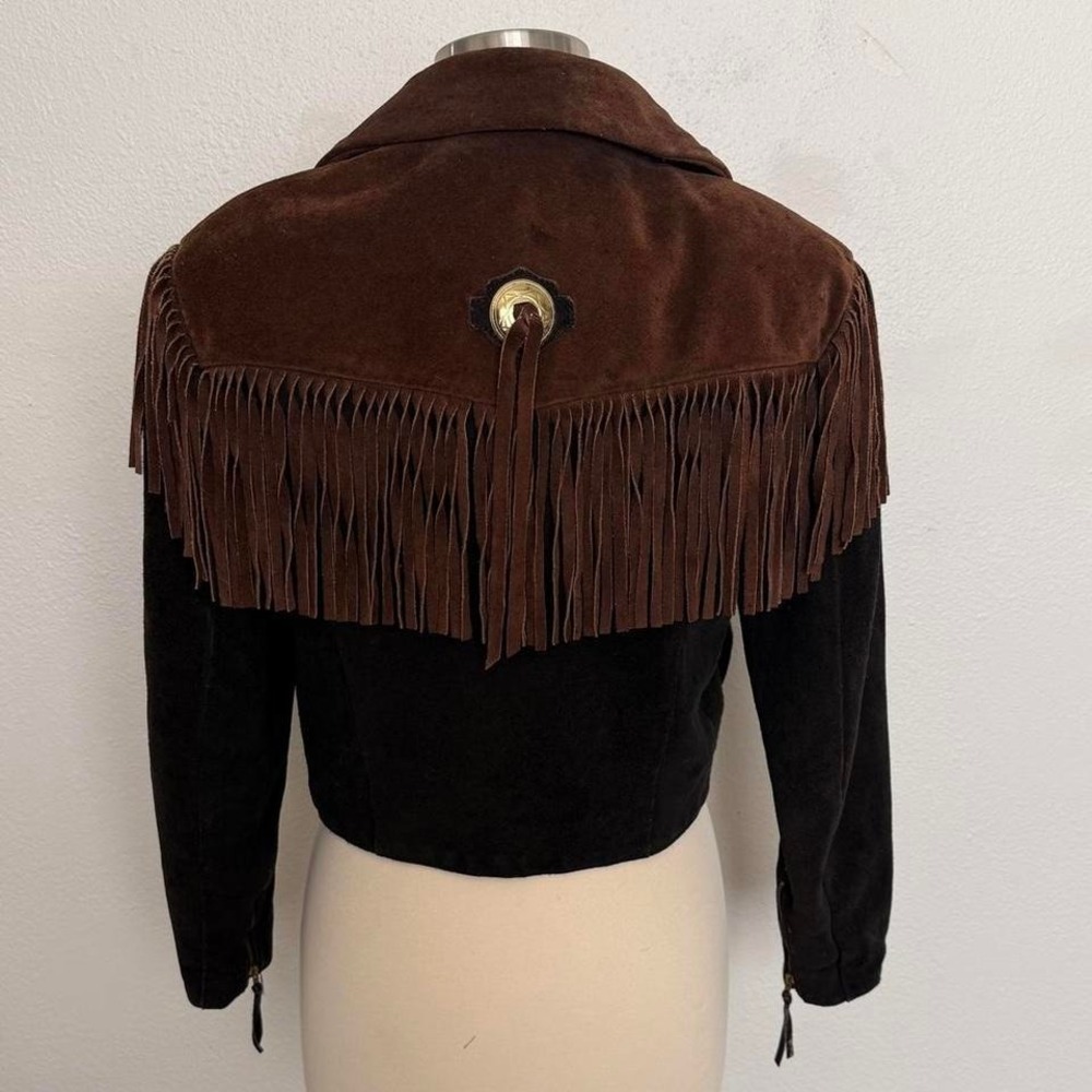 Vintage 70s Fringe Suede Leather Jacket Cropped Western Boho Brown Black - Picture 3 of 10